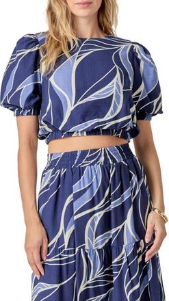 English Factory Print Puff Sleeve Crop Top in Navy/Blue Multi at Nordstrom, Size X-Small