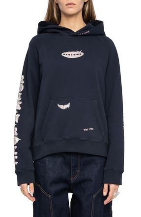 Zadig&Voltaire Georgy Multi Heart Strass Crystal Embellished Cotton Graphic Hoodie in Encre at Nordstrom, Size X-Small