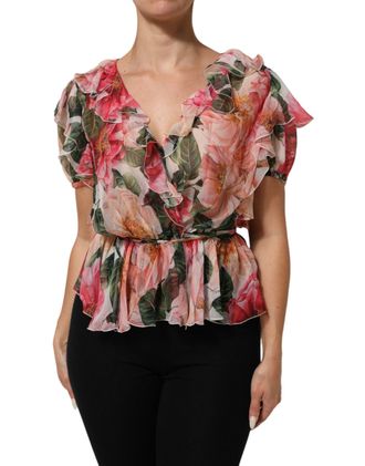 Dolce & Gabbana Womens Pink Camellias Printed Silk V-Neck Blouse Top