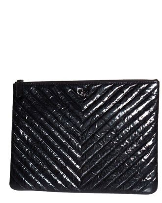 Chanel Black Patent Leather Chevron Zip O Case (Authentic Pre-Loved)