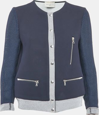 Sandro Navy Blue Crepe Zip-Up Contrast Trim Jacket L