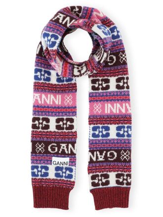 Ganni logo-appliqu&eacute; patterned-intarsia scarf - Red