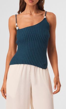 SNDYS Desi Open Back Asymmetric Ribbed Top in Teal at Nordstrom, Size X-Small