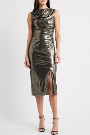 Vince Camuto Metallic Cowl Neck Sheath Dress in Gold at Nordstrom Rack, Size 14