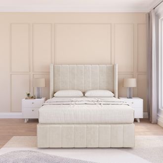Sloomy Melbourne Plush Wingback Bed Set, 2 Drawers & 54 Floor Standing Headboard in Cream | Size: Super King