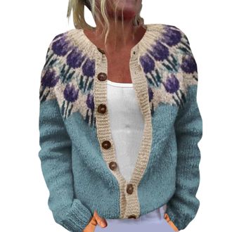 Generic Cardigan Womens Chunky Knit Button Down Sweater Cardigans Plush Art Floral Print Vintage Fair Isle Jumpers Jackets Ladies Plus Size Going Out Outerwea