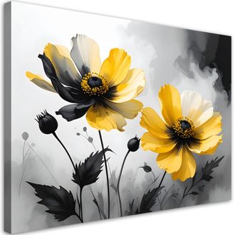 Feeby Cuadro Sobre Lienzo Flores Amarillas En Contraste Blanco Y Negro 100x70