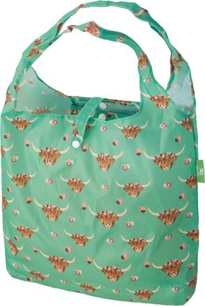 Eco Chic Lightweight Foldable Reusable Shopping Bag Water Resistant Tote Bag (Floral Highland Cow Green)