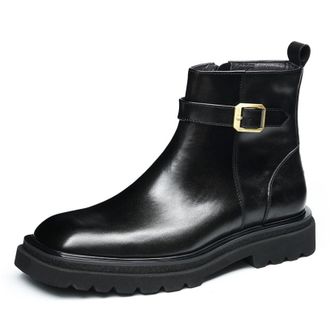 Generic Mens Chunky Heel Platform Short Boots Square Toe Leather Ankle Boots Office Dress Shoes with Side Zipper,Black,5.5 UK