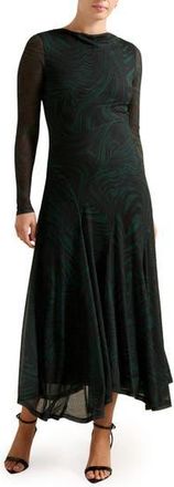 Ever New Tanny Long Sleeve Asymmetric Hem Mesh Midi Dress in Green Kallara at Nordstrom Rack, Size 12