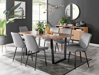 Furniturebox Kylo Large Brown Wood Effect Dining Table & 6 Pesaro Velvet Black Leg Chairs in Grey