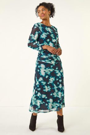 Roman Print Mesh Ruched Midi Dress