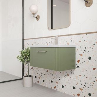 Nuie Nuie - Deco Satin Green 800mm Wall Hung Single Drawer Vanity Unit and Mid Edge Ceramic Basin - DPF896A