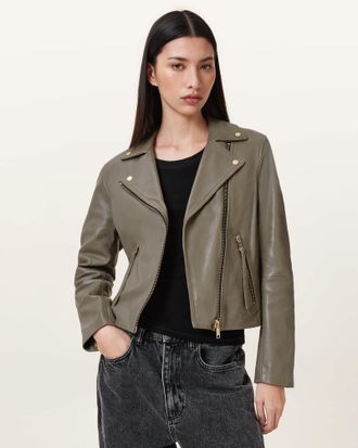 AllSaints Womens Lamb Leather Dalby Slim Fit Leather Biker Jacket, Size: UK 16/US 12