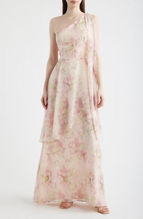 Lulus Amara Floral Print One-Shoulder Gown in Pink Multi at Nordstrom, Size X-Large