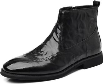 Generic Mens Patent Leather Brogue Boots with Side Zipper Flat Heel Short Boots Pointed Toe Chelsea Ankle Boot,Black Single Lining,7.5 UK