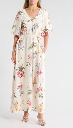 Ellen Tracy Floral Puff Sleeve Maxi Dress in Beige Garden Floral at Nordstrom Rack, Size X-Small