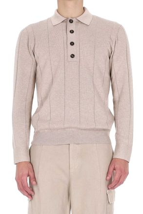 Eleventy Fine Cotton-Cashmere Long-Sleeve Polo with Horn Buttons