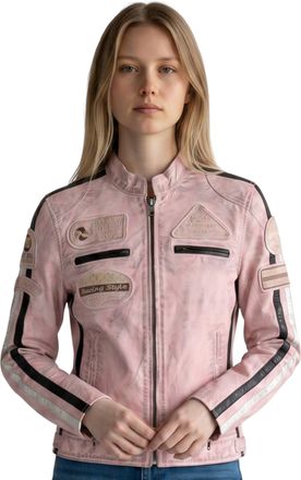 Infinity Leather Womens Biker Racing Badges Pink Leather Jacket-Incheon