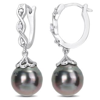 Amour 8-9mm Black Tahitian Cultured Pearl and Diamond Accent Infinity Huggie Earrings In Sterling Silver
