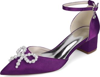 Generic Women Satin Bridal Shoes Pointed Toe Low Chunky Heels Pearls Pumps Wedding Shoes Evening Party Dress Shoes 4.5Cm,Purple,10 UK