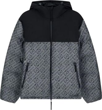 Emporio Armani Gewatteerd jack met capuchon en logoprint - Heren - Zomerjassen - Grijs - L - Leer - Jassen