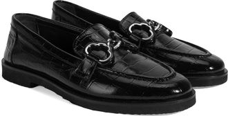Desa Woman Slip-Ons - Genuine Leather Upper, Croc Print, Buckle Detail, Flat Heel | Black - 36