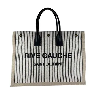 Saint Laurent Beige Black Ivory Canvas Leather Handbag Tote Bag (Pre-Owned)