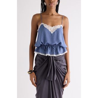 Chlo&eacute; Lace Trim Floral Silk Jacquard Camisole Top in Washed Blue at Nordstrom, Size 10 Us