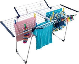 Relaxdays Tendedero Relaxdays Plegable Y Extensible, 96,5x98-161,5x95 Cm, Metal, Bolsa Con Pinzas, Blanco/azul