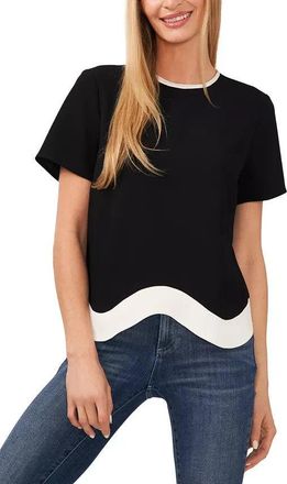CeCe by Cynthia Steffe Top Womens Black Contrast-Hem Short Sleeve Round Neck Blouse FTS1327