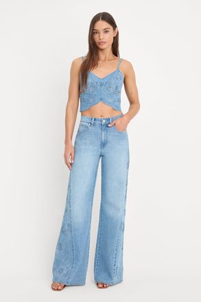 Good American Womens Dolly Joleans Embroidered Good Waist Palazzo Jeans | Flat Tummy Tech, Gap-Proof Waistband | Indigo, Size 6 | Good Americ