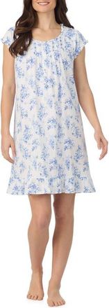 Eileen West Floral Cap Sleeve Short Cotton Jersey Nightgown in White/Blue Floral at Nordstrom, Size X-Small