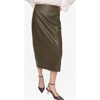 Mango Faux Leather Midi Pencil Skirt in Khaki Green at Nordstrom, Size 6