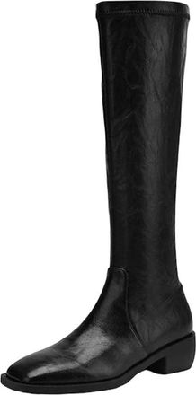 Generic Womens Cow Skin Square Toe Thick High Heels Riding Boots Winter Shoes Metal Buckle Knee-High Boots