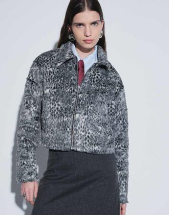 Noisy May giacca racer in pelo sintetico con stampa leopardata nera-Nero