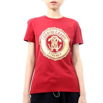 Roberto Cavalli Ladies Carmine Foil Mirror Snake Logo Cotton Jersey T-shirt, Brand Size 44 ( US Size 10 )