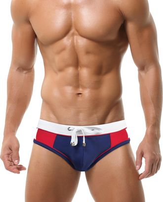 Feoya Mens Swimming Briefs with Pouch Sexy Low Rise Swim Briefs Summer Bikini Bottoms Color Block Swimming Costume Drawstring Sport Swimwear Micro Swimming 