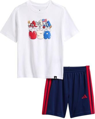 adidas Kids Graphic Print T-Shirt & 3-Stripes Shorts Set in White at Nordstrom, Size 3T