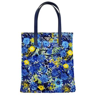 Prada Blue Multi-Color Nylon Leather Tote Bag (Pre-Owned)