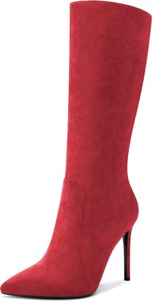 Castamere Women High Heel 10 CM Heels Pointed Toe Zipper Mid Calf Boots Wedding Office Sexy Dress Boots Red B 6 UK