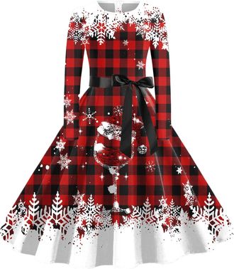 Generic Women Christmas dresses UK A Line swing Dress Christmas Outfits Fancy Cute Xmas Printed Dresse Party Cocktail Costume Swing Dresses Round Neck Xmas Gr