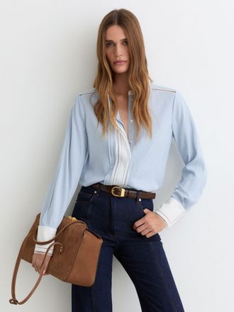 Reiss Blue & Lace-trim Tipped Long-sleeve Shirt, 14