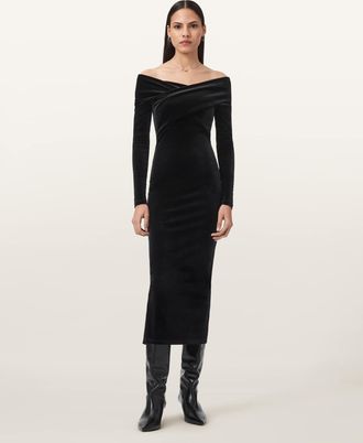AllSaints Polyester Delta Velvet Midi Dress, Size: UK 14/US 10