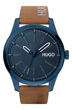 BOSS Invent Leather Strap Watch, 46mm in Blue Dial at Nordstrom Rack