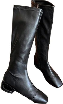 Generic Women Knee High Boots Winter Casual Low Heel Square Toe Pu Leather Long Boot