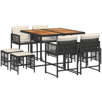 vidaXL Set De Comedor De Jard&iacute;n 9 Pzas Y Cojines Rat&aacute;n Sint&eacute;tico Negro Vidaxl
