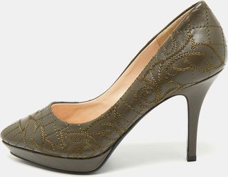 Versace Olive Brown Embroidered Leather Platform Pointed Toe Pumps