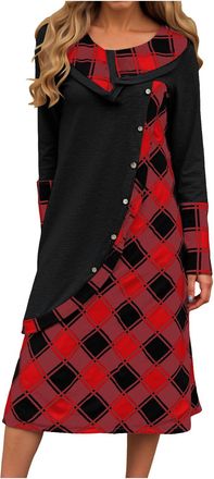 Generic Patchwork Dresses for Women UK Checkered Patchwork Dress Long Sleeve Solid Plaid Checkered Print Pleated Casual Tunic Retro Dresses midi Dress for Wom