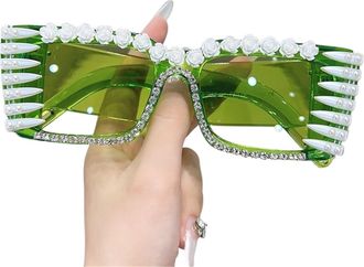 Generic Womens diamond-studded square sunglasses with exaggerated decorations for street style(Green)